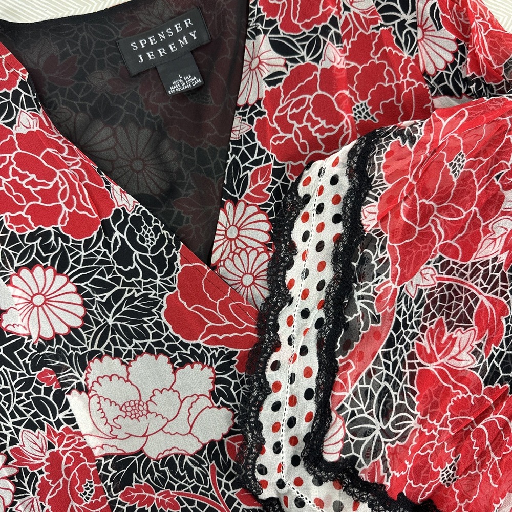 Spenser Jeremy 100% Silk Boho Black Red V Neck‎ Flow Sleeve Blouse Top Womens L